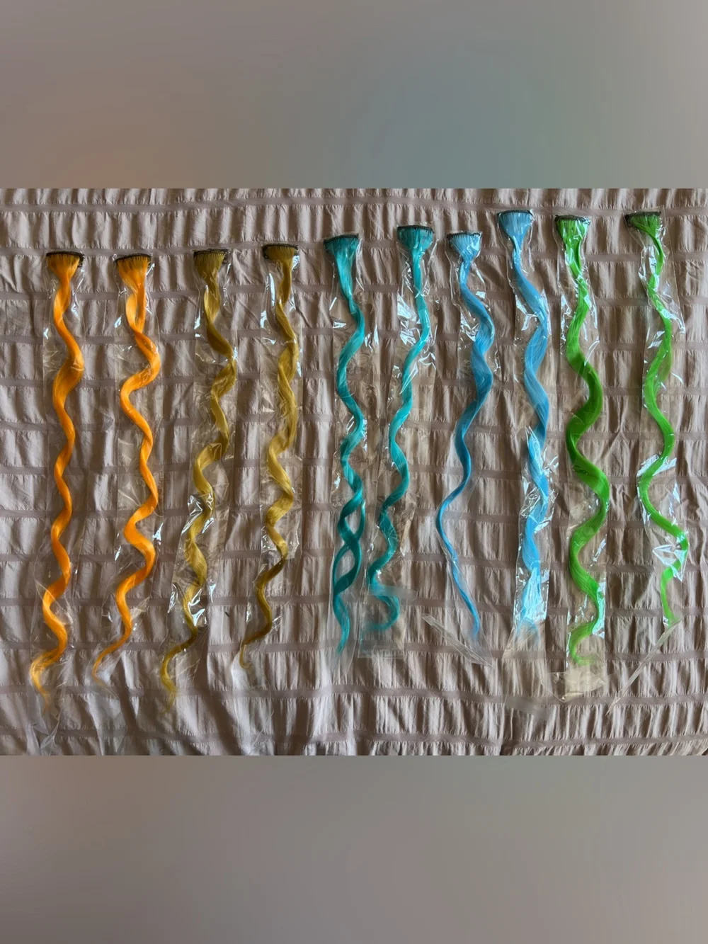 10 Colorful Spiral Hair Extensions - 2 Orange, 2 Yellow, 2 Teal, 2 Blue, 2 Green